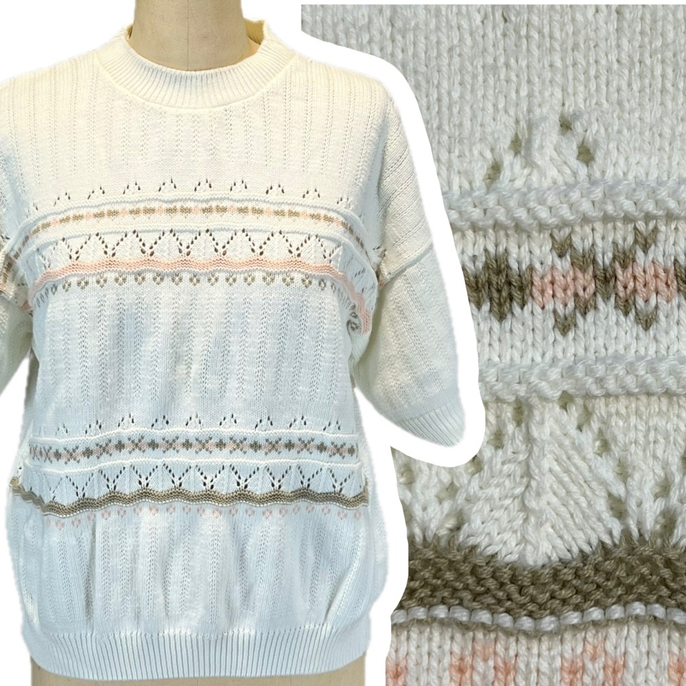 VINTAGE 80s pastel cottage knit sweater short sleeve 100% cotton green‎ pink S
